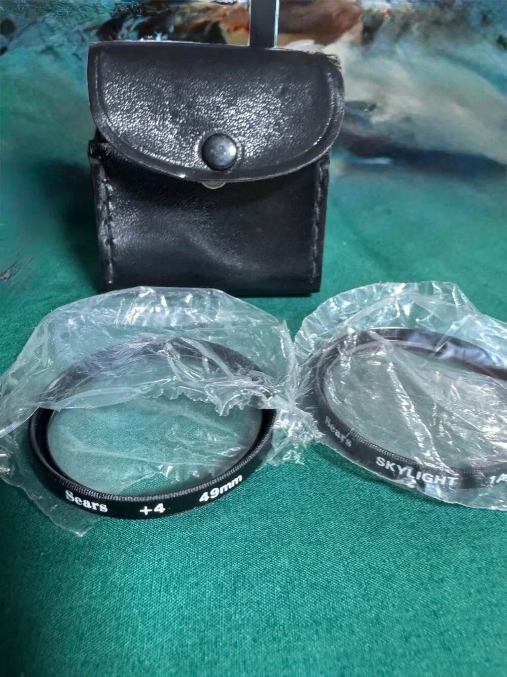 Sears 49mm Camera Lens Filters +4 & Skylight 1A With Black Leather Pouch